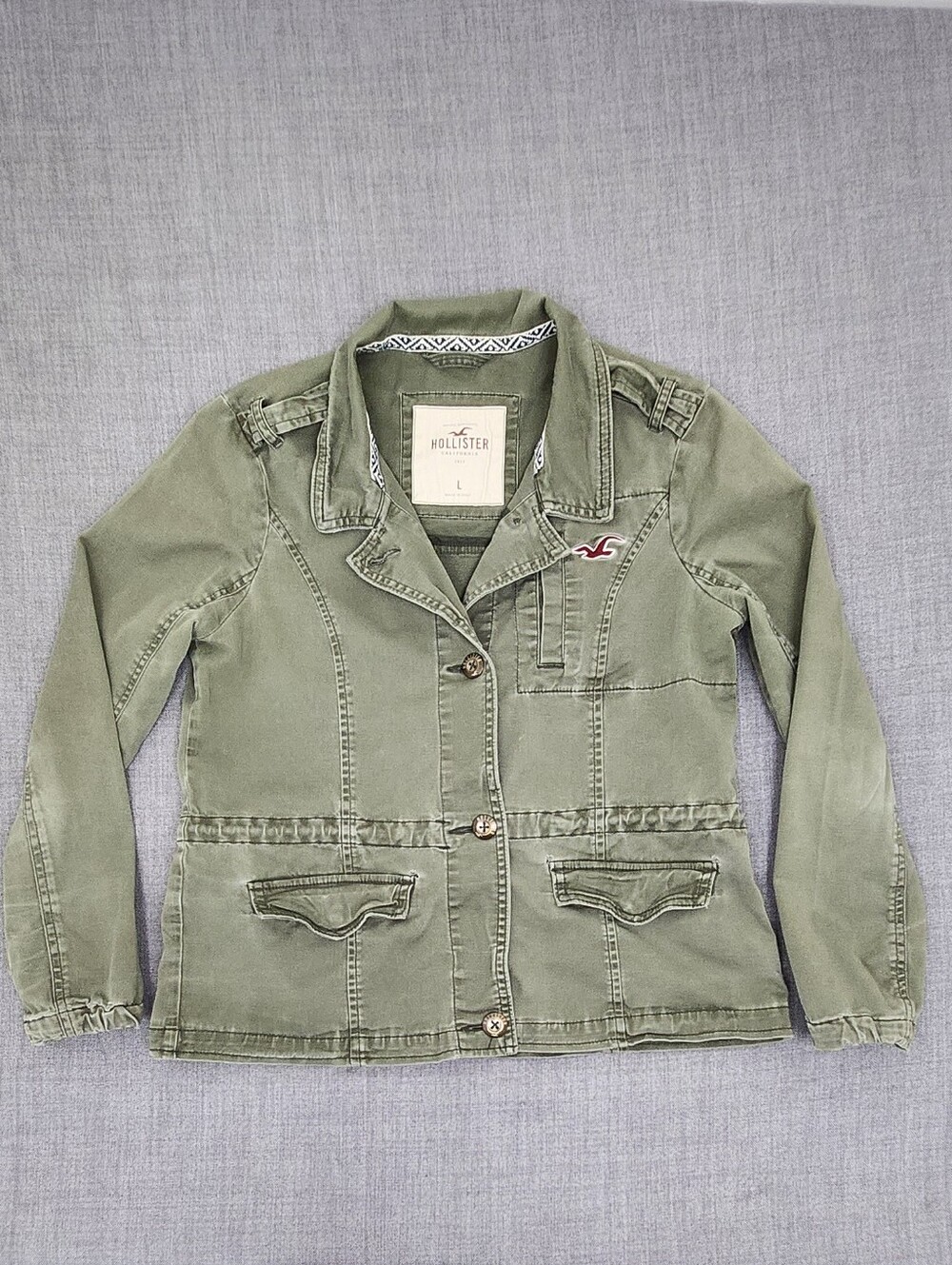 Hollister Olive Distressed Utility Button Up Cotton Blend Jacket.  Junior Large.